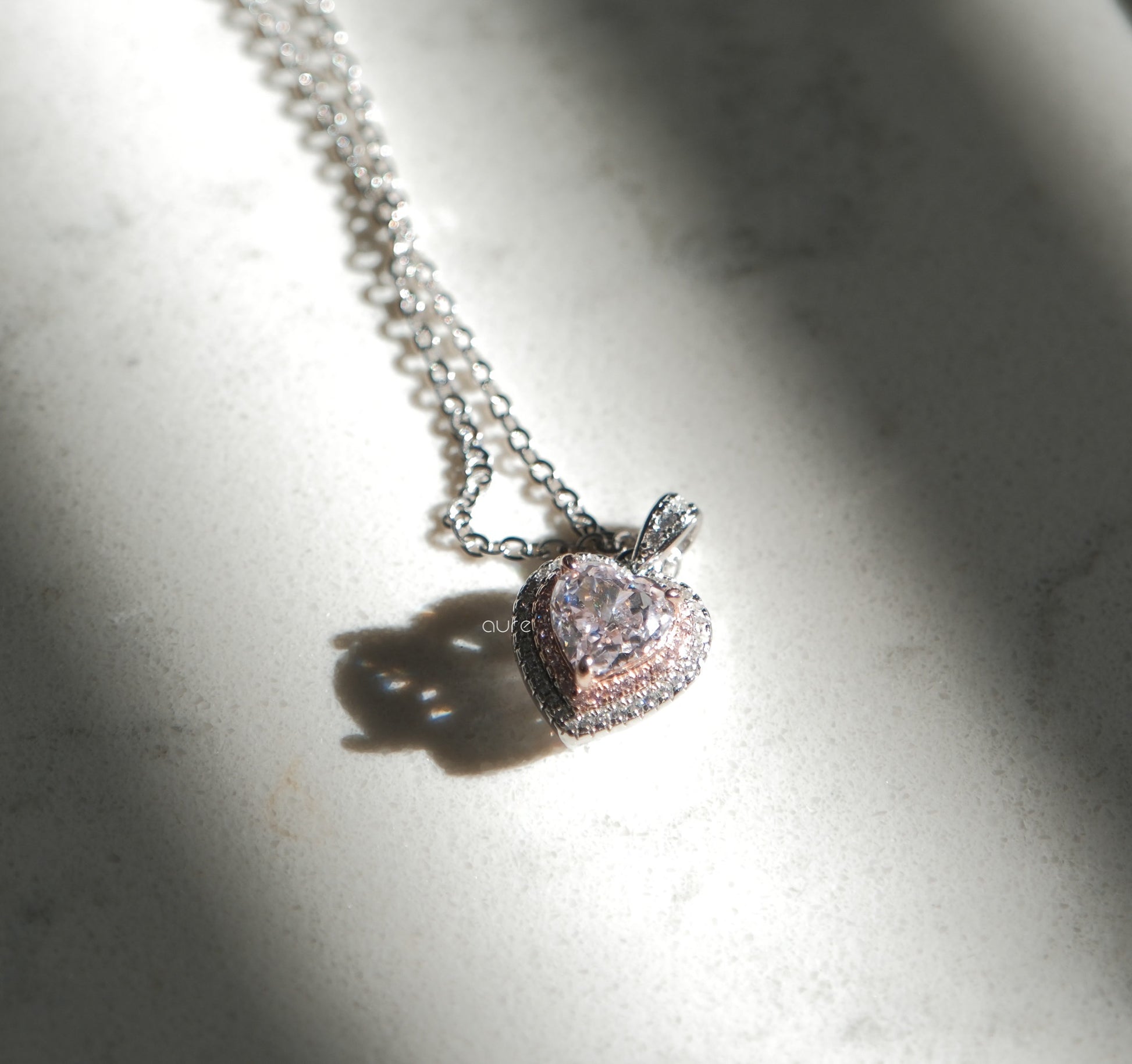 Pink Cubic Zirconia heart necklace- top down