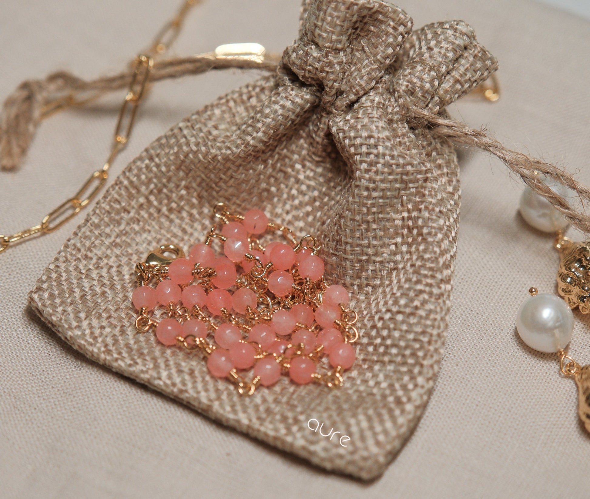 Coral pink rose quartz beaded necklace-top down