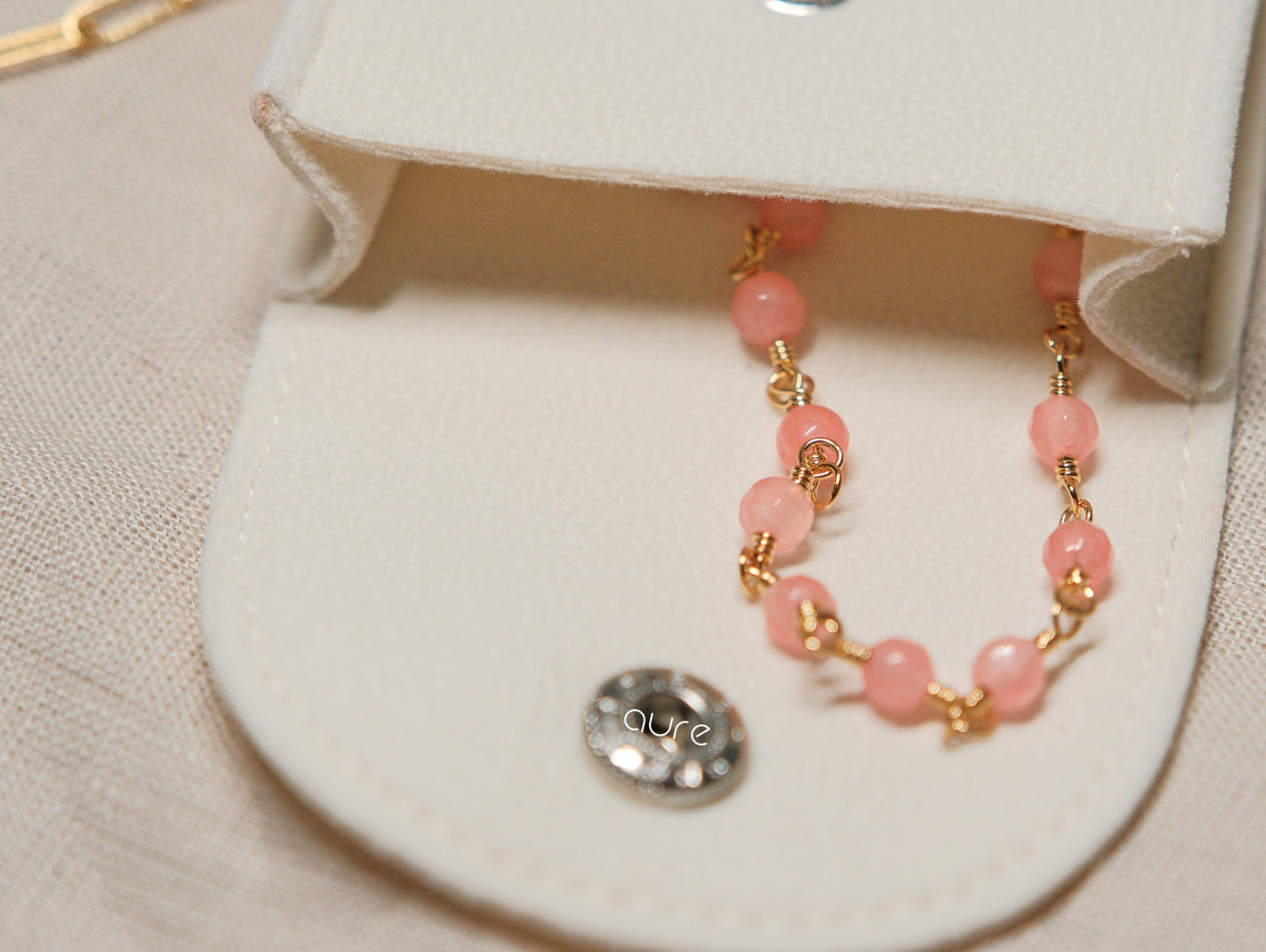 Coral pink rose quartz beaded necklace-close up