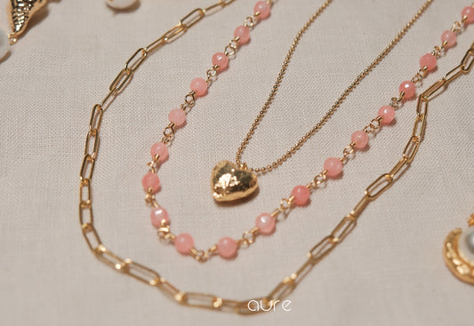 Coral pink rose quartz beaded necklace-layer with other necklace