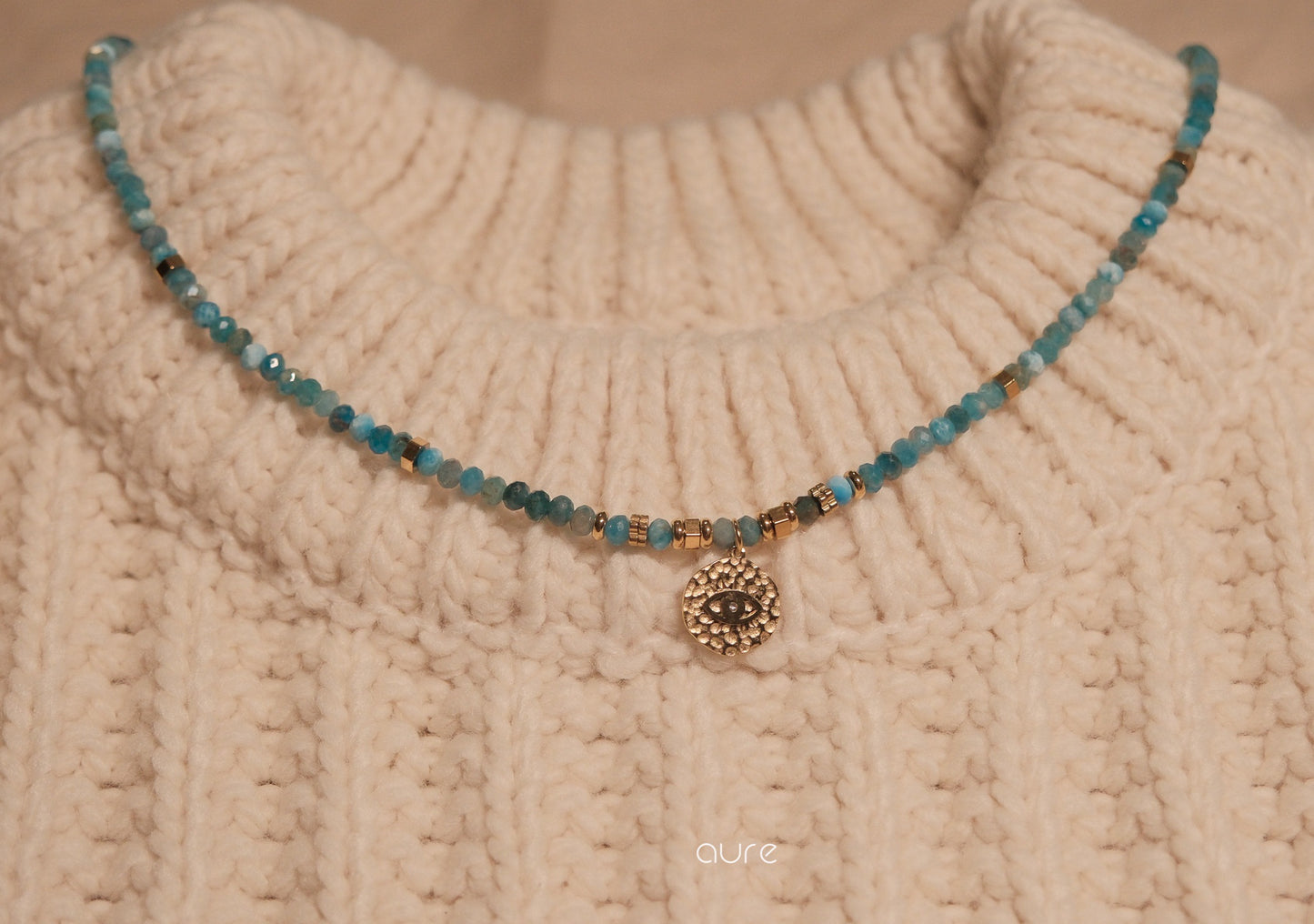 Evil Eye Charm Necklace Apatite and Turquoise on sweater