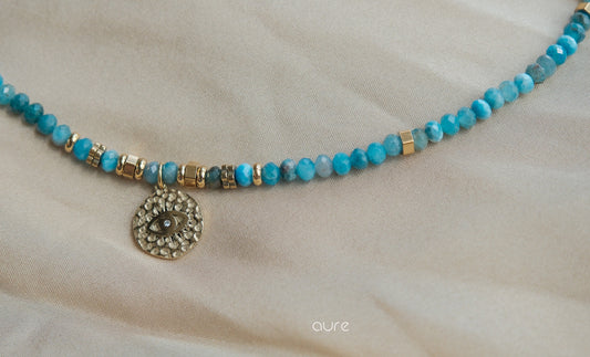 Evil Eye Charm Necklace Apatite and Turquoise close up