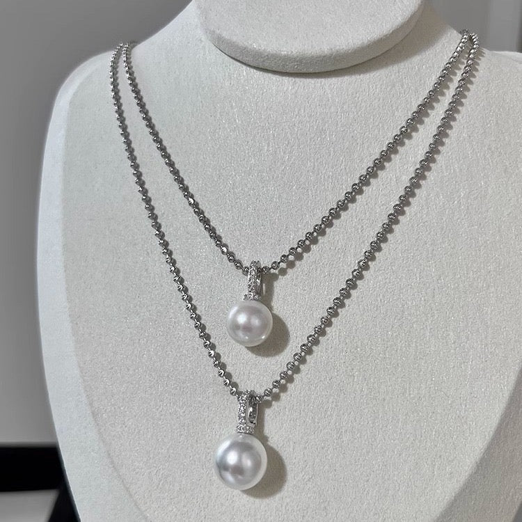 Single Pearl Chain Necklace Sterling Silver in double layer