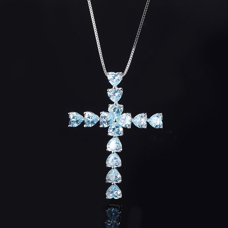 Large Cross Pendant necklace Aquamarine