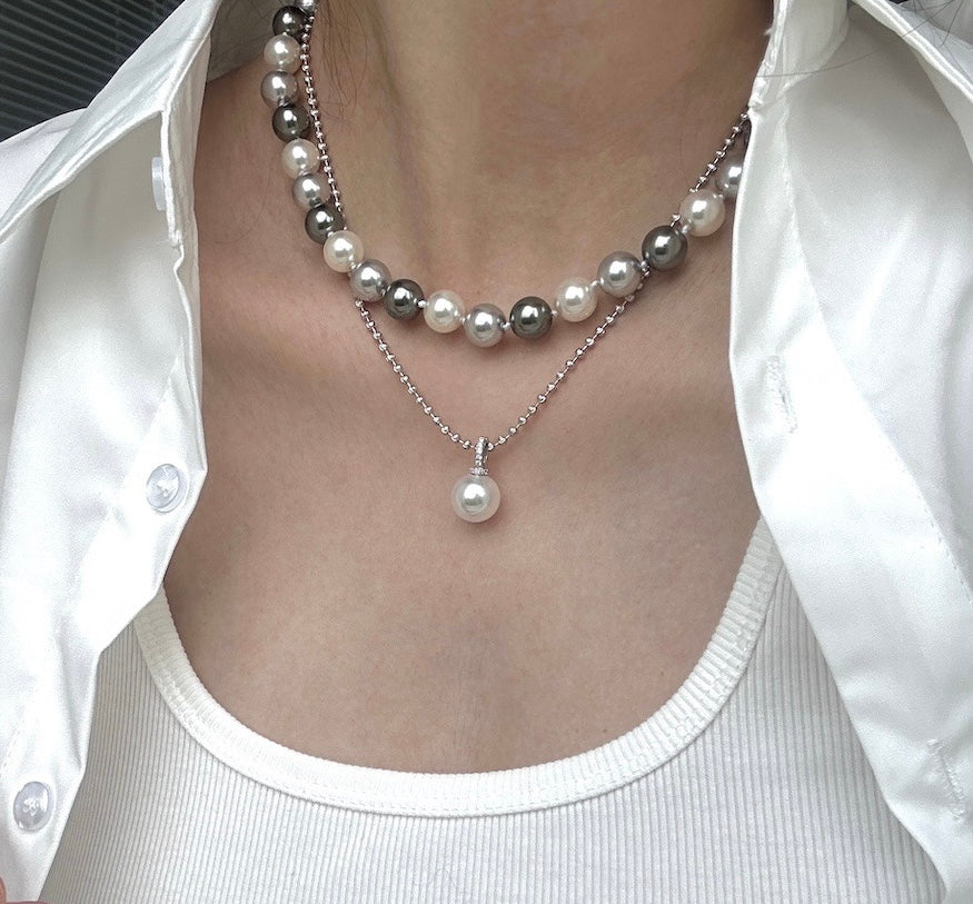 Single Pearl Chain Necklace Sterling Silver on model