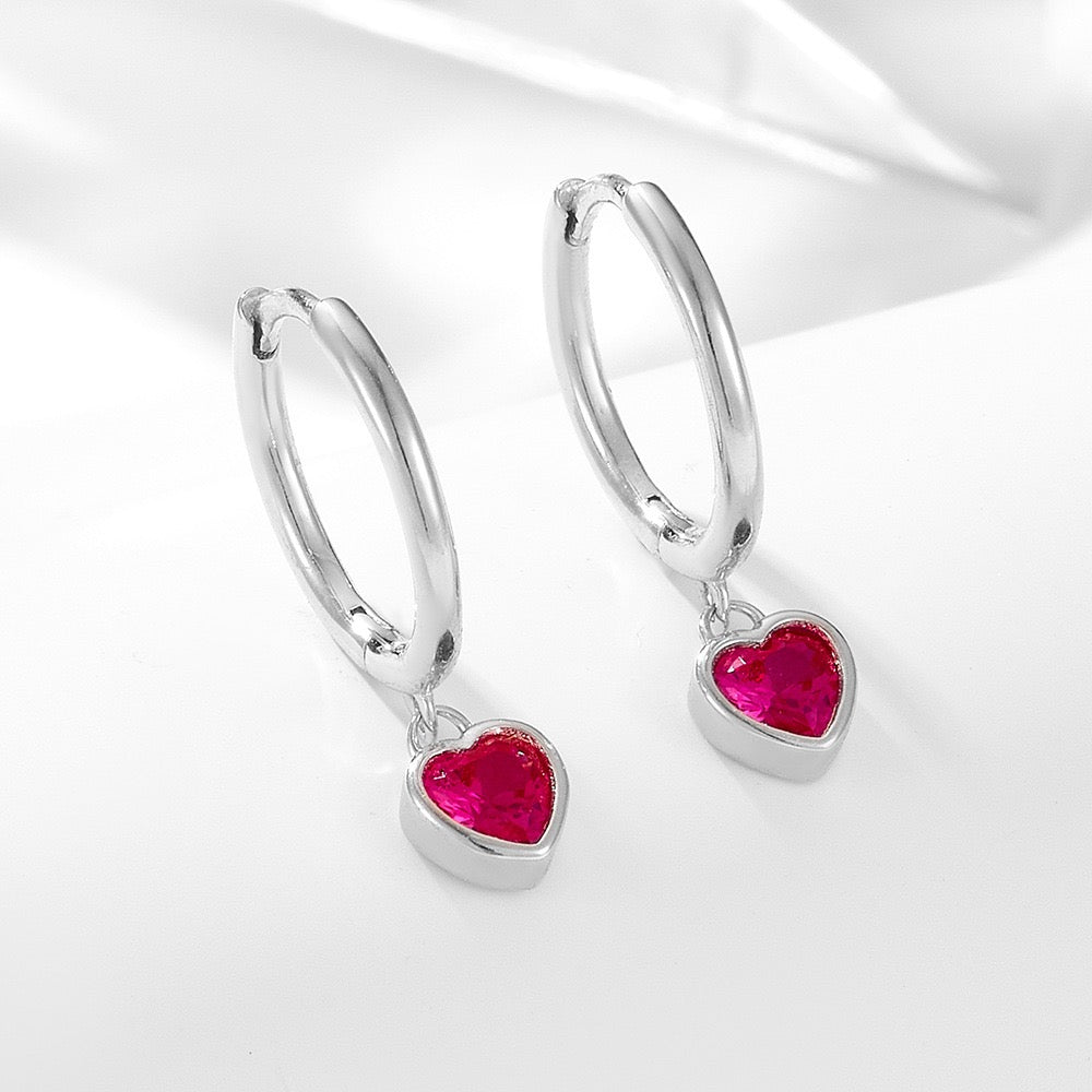 Petit Red Heart Dangle Sterling Silver Earrings from the side angle