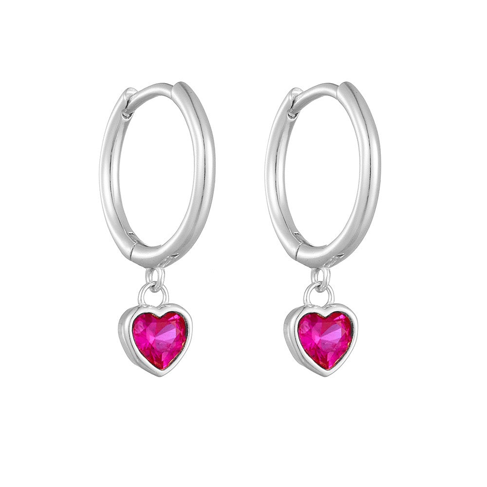 Petit Red Heart Dangle Sterling Silver Earrings in silver