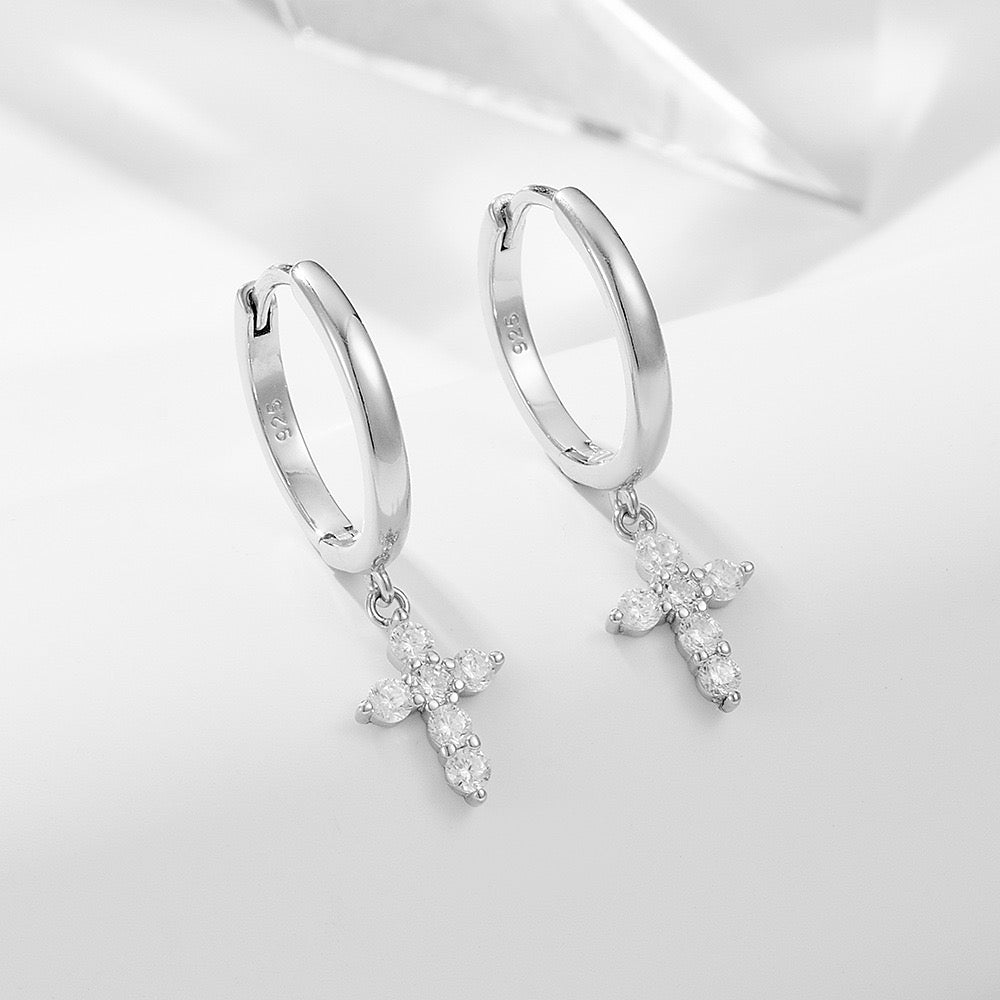 14k Gold Hoop Cross earrings silver side angle