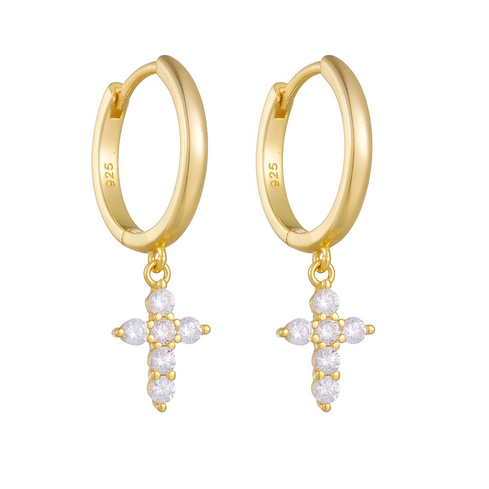 14k Gold Hoop Cross earrings gold color