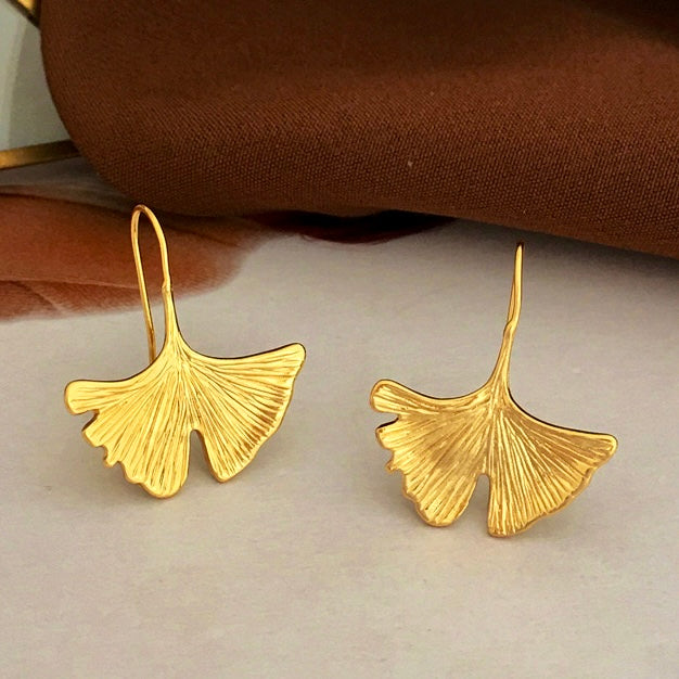 Ginkgo leaf earrings close up