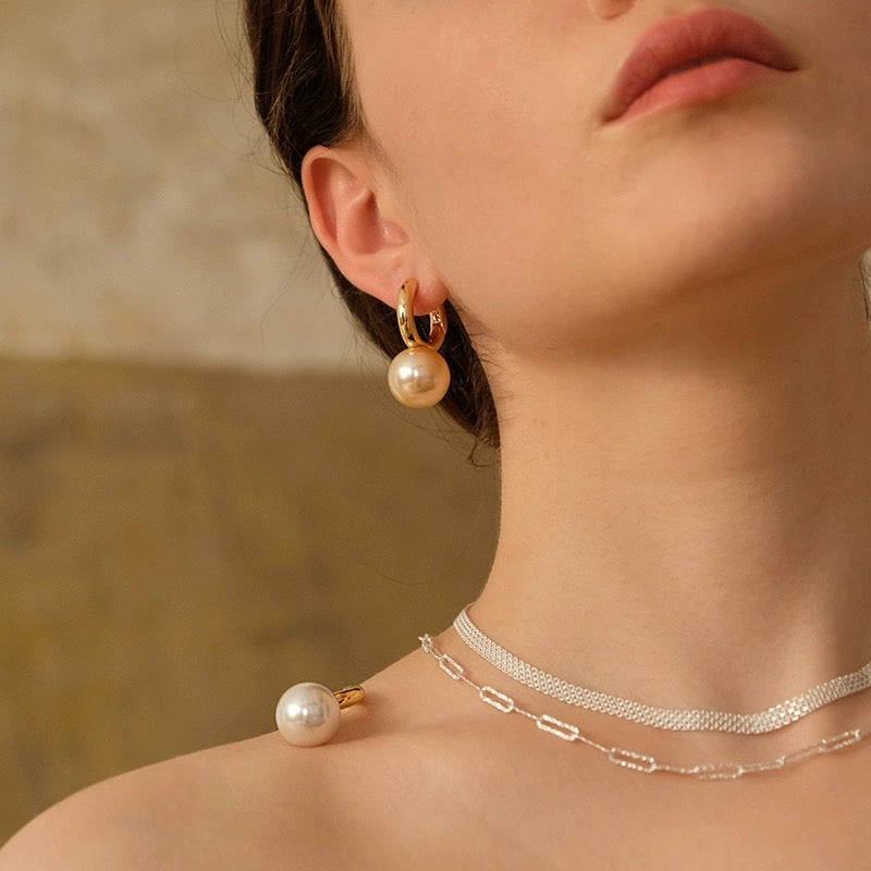 Contemporary Pearl Dangle Hoop Earrings white color in model