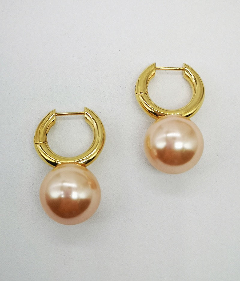 Contemporary Pearl Dangle Hoop Earrings close up