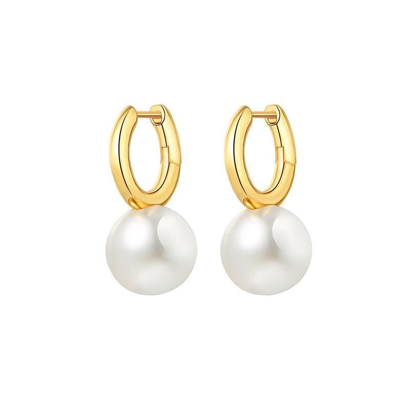 Contemporary Pearl Dangle Hoop Earrings white color